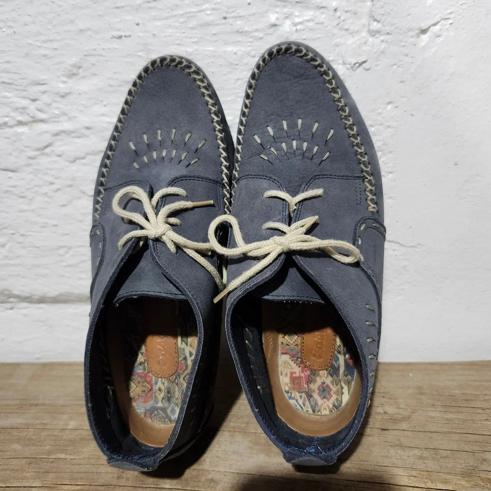 Hush Puppies Easy Times Blue Leather Whipstitch Embroidered Lace Up Loafers 8D